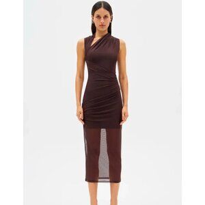 MISHA COLLECTION Tillie Asymmetric Mesh Midi Dress Umber Brown
